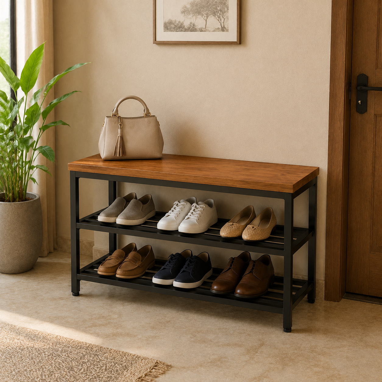 VAJRA LIVING 2-Tier Metal Shoe Rack with Wooden Bench Seat – 6 to 8 Pair Storage, Natural Teak Finish - Image 3