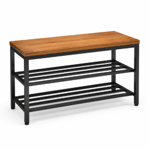 VAJRA LIVING 2-Tier Metal Shoe Rack with Wooden Bench Seat – 6 to 8 Pair Storage, Natural Teak Finish