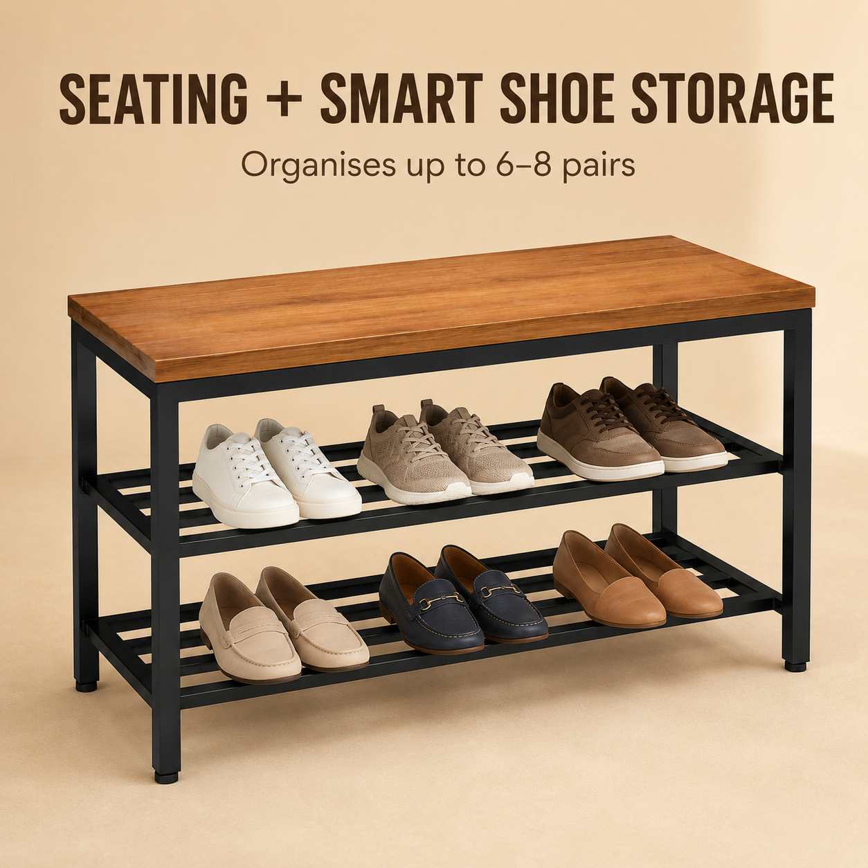 VAJRA LIVING 2-Tier Metal Shoe Rack with Wooden Bench Seat – 6 to 8 Pair Storage, Natural Teak Finish - Image 2